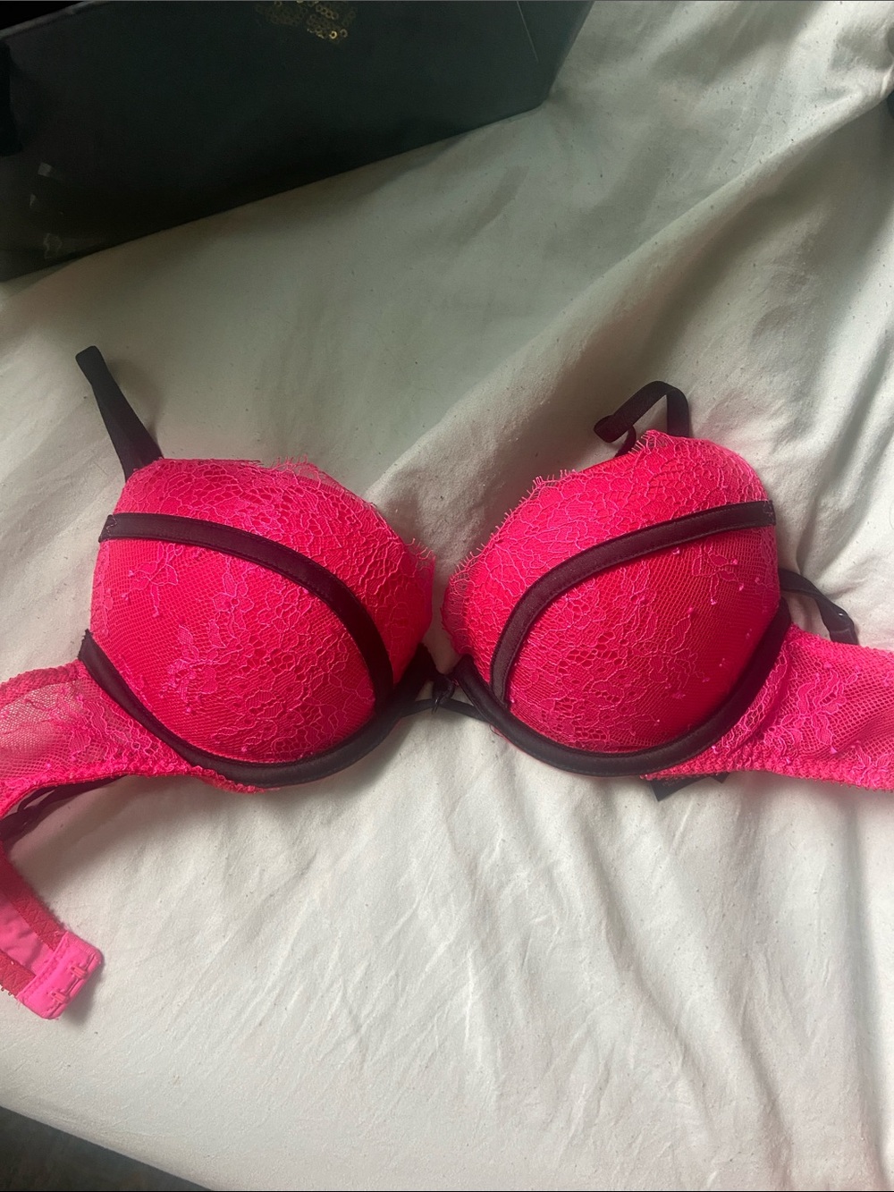 Victoria's Secret Neon Pink Lace Push-Up Bra with Black Trim